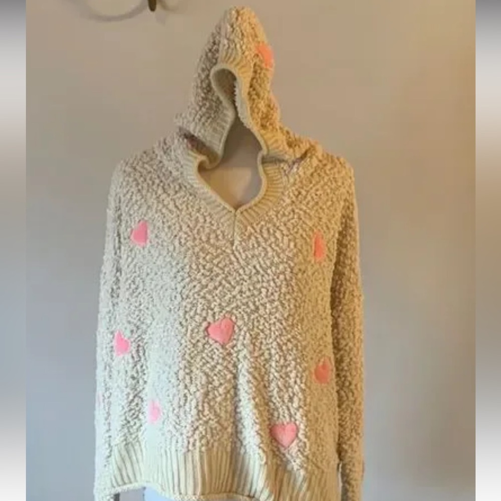 POL Cozy Cream Cozy and Pink Heart Popcorn Hoodie Sweater Size M